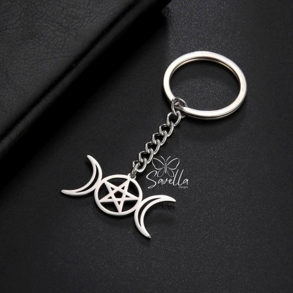 Stainless Steel Pagan Triple Moon Star Key Chain Silver - Picture 1 of 5